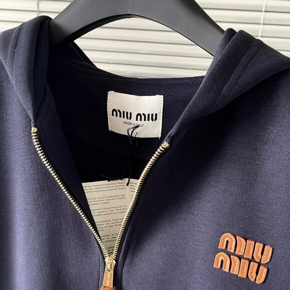MIU MIU SS24 Logo Print Zip-Up Hooded Long-Sleeve Sweatshirt for Women - Picture 3 of 5